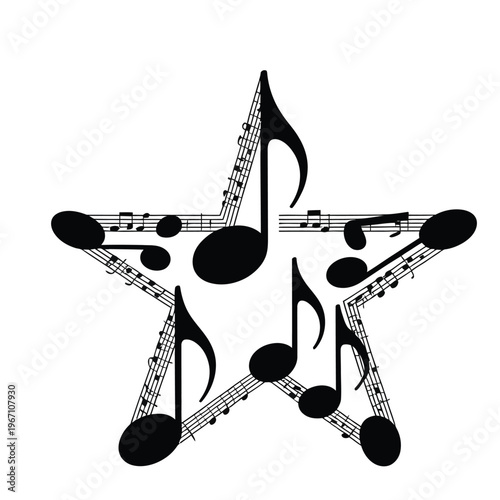 Musical notes and staff arranged in star shape, black silhouette design, concept of music, isolated on transparent background, creative graphic