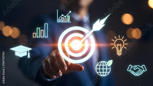 Sustainable business development and green energy goals. Environmental strategy and innovation. Businessman touching target with ecology and creative idea icons