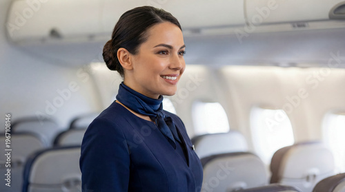 flight attendant cabin crew airline travel uniform passenger service portrait professional standing in aircraft aisle to represent hospitality safety customer care and air travel comfort