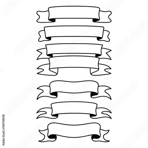 Set of seven blank ribbon banners with wavy edges on transparent background, graphic elements for design and text