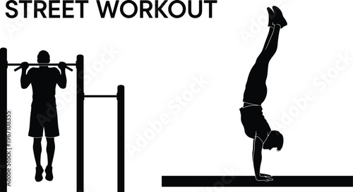 Street workout silhouettes, pull-up exercise, handstand pose, calisthenics training, outdoor fitness, strength balance, athletic lifestyle vector, bodyweight exercise composition