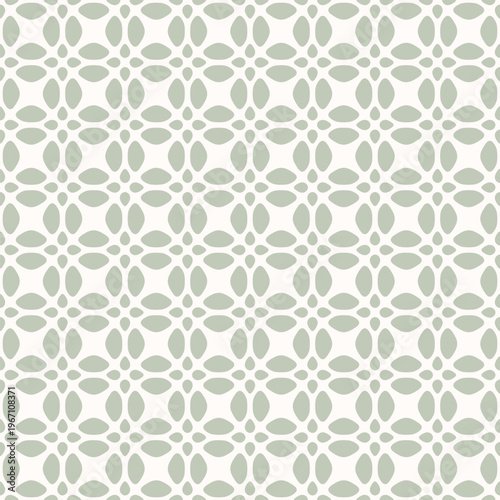 Vector geometric seamless pattern. Simple soft green floral ornament. Abstract background with flower silhouettes, leaves, petals, grid, mesh. Minimal organic texture. Repeated design for decor, print