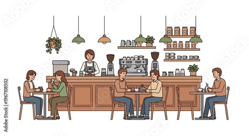People sitting at tables in a coffee shop interior with a barista.