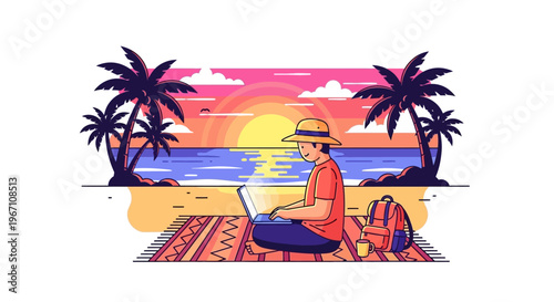 Man works on laptop at beach during sunset with palm trees nearby on a colorful rug.