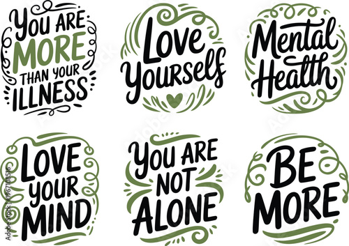 Mental health inspirational quotes set, uplifting vector typography with positive affirmations for mental wellness awareness posters t shirts and print design projects.