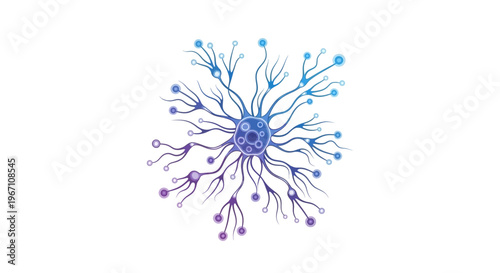 The neuron cell has extensions and purple blue dendrites on white.