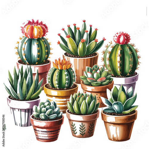 Vibrant watercolor illustration of diverse potted cacti and succulents in decorative pots, desert plants, blooming flowers, isolated on transparent background