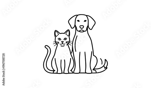 Pet Friendship Outline Icons – Cat and Dog Sitting Line Vector Illustration