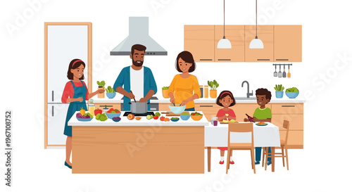 Family of five cooking together in a modern kitchen with food and vegetables on the counter.