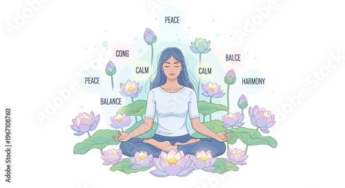Woman meditates peacefully among lotus flowers in serene natural setting with calmness.