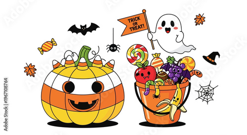 A cartoon ghost holds a trick-or-treat bucket filled with candy and fruits next to a smiling pumpkin.