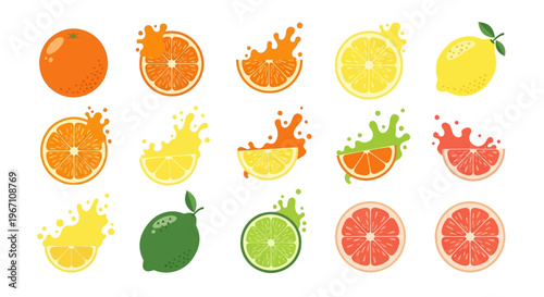 Vibrant citrus fruits and slices with juice splashes on a clean white background illustration.