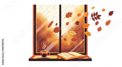 A steaming cup of coffee and open book sit on a windowsill as autumn leaves fall outside during rain.