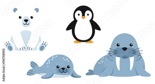 Cartoon polar bear, seal, and penguin illustrations on a white background