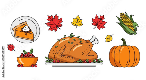 A roasted turkey with autumnal decorations and food on a table with leaves.