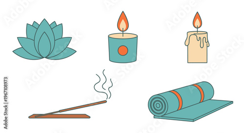 A serene yoga scene with a lotus, candles, and incense on a mat indoors.