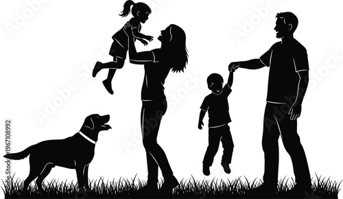 Family silhouettes, parents children dog, outdoor bonding, joyful play, pet companionship, grass illustration, lifestyle design, artistic vector, happiness together composition