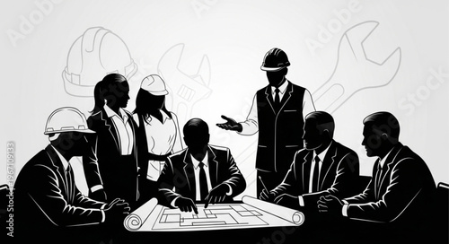 Diverse team of professionals in a meeting discussing blueprints.