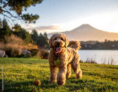 A golden-brown curly-haired canine, tongue lolling, stands in a grassy field with a small ball. A mountain and water body backdrops