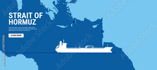 A conceptual illustration featuring a cargo ship silhouette against a blue map of the Middle East
