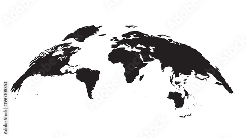 World map silhouette with a distorted perspective showing continents of Africa, Europe, Asia, and South America in black on a white background, 123