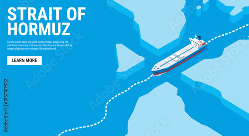 An isometric illustration depicting a large oil tanker navigating through the Strait of Hormuz.