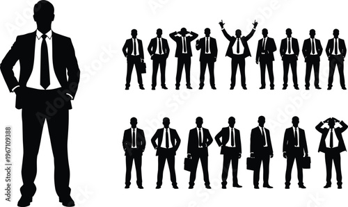 Businessman silhouettes, professional poses, confident gestures, office body language, corporate illustration, briefcase vector, leadership concept, modern design, business lifestyle composition