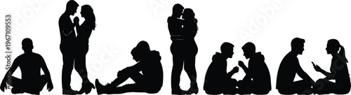 Couple silhouettes, seated and standing poses, human interaction, emotional body language, communication illustration, solitude concept, artistic vector, lifestyle design composition