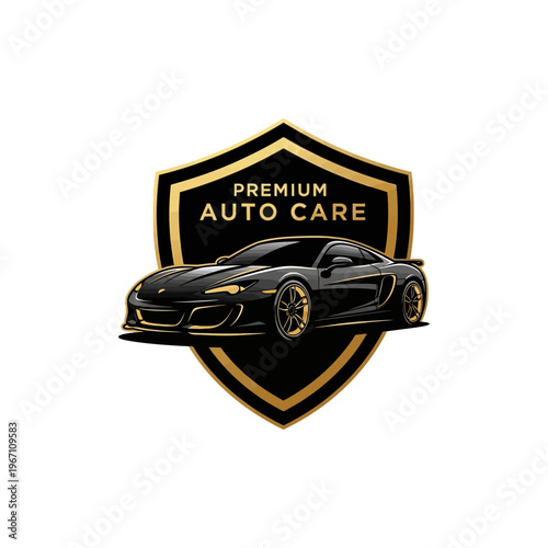 Premium Auto Care Logo with Black Sports Car on Shield.