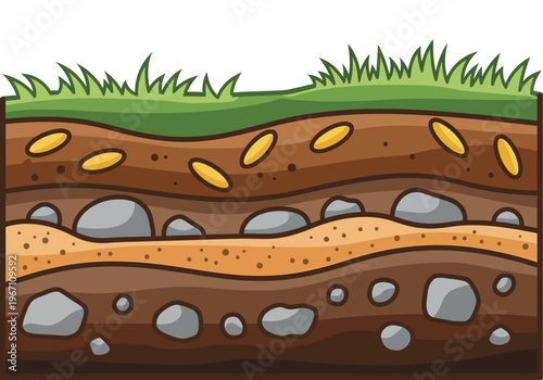 Cartoon cross section of earth layers showing green grass brown soil grey rocks and yellow seeds
