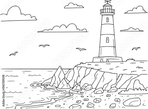 Coastal lighthouse stands tall rocky cliff overlooking the sea with flying birds and clouds