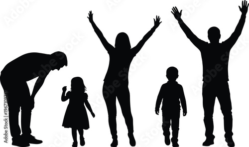 Family silhouettes, parents and children, joyful unity, standing poses, black illustration, family bonding concept, artistic vector, lifestyle design, togetherness composition
