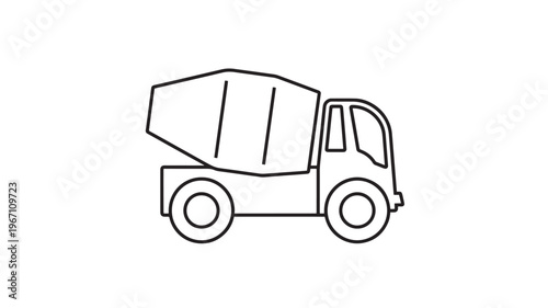 Cement mixer truck line art icon, a construction vehicle used for transporting and mixing concrete, with a rotating drum and a cab.