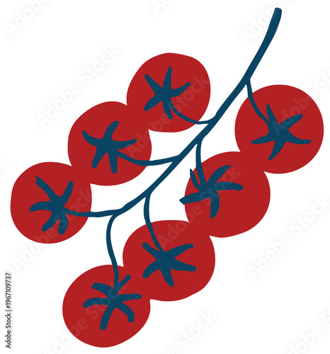 Tomato vine hand drawn vector illustration set.  ripe Red cherries isolated on white background. Italian food dinner menu. Vector design for poster, sticker, greeting card, invitation.