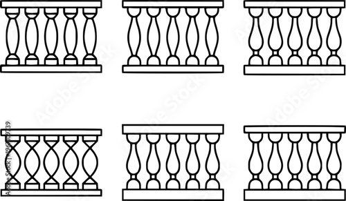 Collection of black and white line balustrade with varied spindle patterns railing