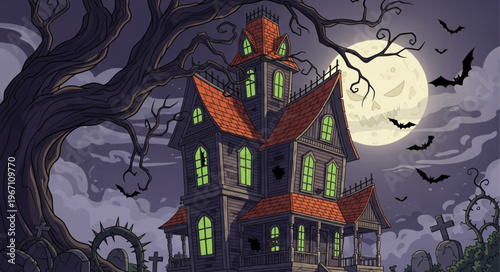 Spooky haunted house with glowing windows and bats flying under a full moon.