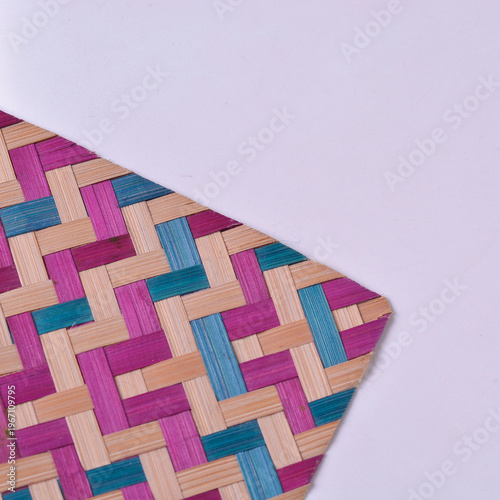 Colorful Woven Bamboo Texture - Purple, Teal, and Natural Close-Up