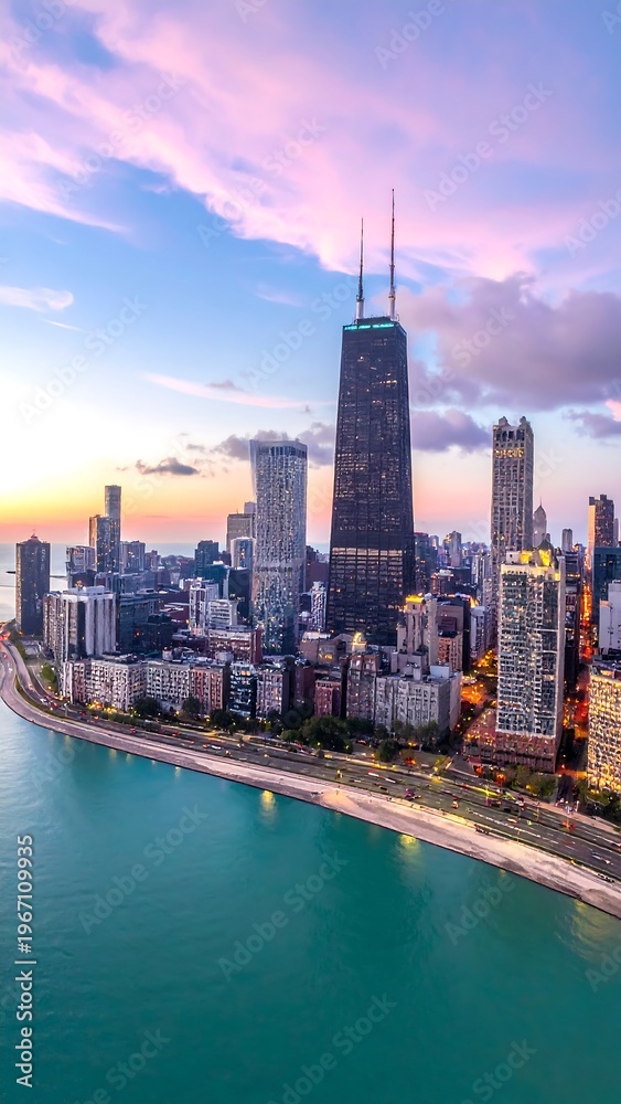 Obraz premium Vertical cityscape view of towers meeting a lake under a vibrant sunset sky