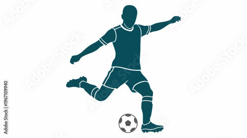 Graphic silhouette illustration of a soccer player kicking a football