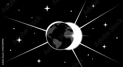 Illustration of Earth during a solar eclipse with stars.