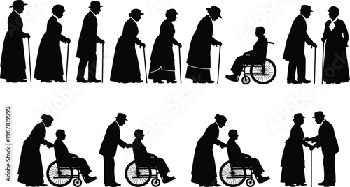 Elderly silhouettes, caregiver assistance, walking with canes, wheelchair support, aging illustration, companionship concept, healthcare design, mobility aid, family care vector