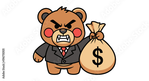 Angry cartoon bear in suit holding money bag, financial aggression concept