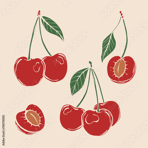 Red cherry. The effect of risograph printing. Design element for posters, postcards, greeting cards, wallpapers, fabrics, t-shirts, logos