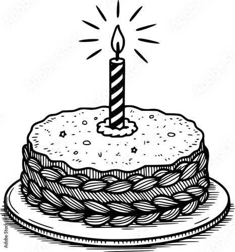 Obraz na plátně Hand drawn birthday cake with lit candle white background isolated celebration f