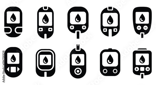 depicting blood glucose meters with varying readings, scalable vector set featuring multiple meter designs and numeric displays, perfect for telemedicine platforms, diabetes management apps, and 