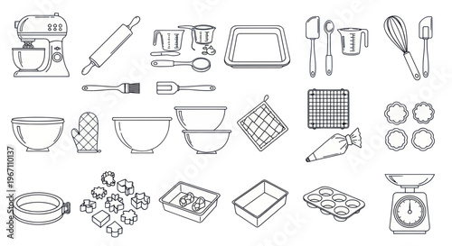 Baking Tools and Utensils Collection: Kitchenware, Mixer, Rolling Pin, Bowls, Molds