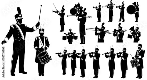 Marching Band Musicians Silhouette Set: Conductor, Drummer, Brass and Woodwind Players