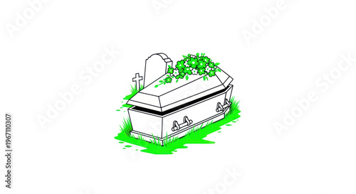 Open Coffin with Flowers in Graveyard, Funeral Illustration