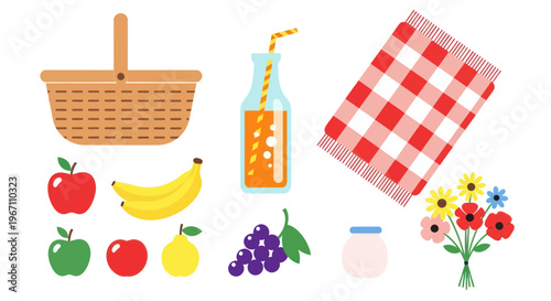 Picnic Basket Essentials: Fruit, Drink, Blanket, Flowers, Jar - Summer Outdoor Fun