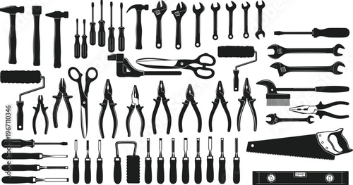 Hand tools collection, hammer, screwdriver, wrench, pliers, scissors, chisel, saw, spirit level, paint roller, DIY, construction, mechanic, repair, maintenance, workshop, equipment, silhouette, black